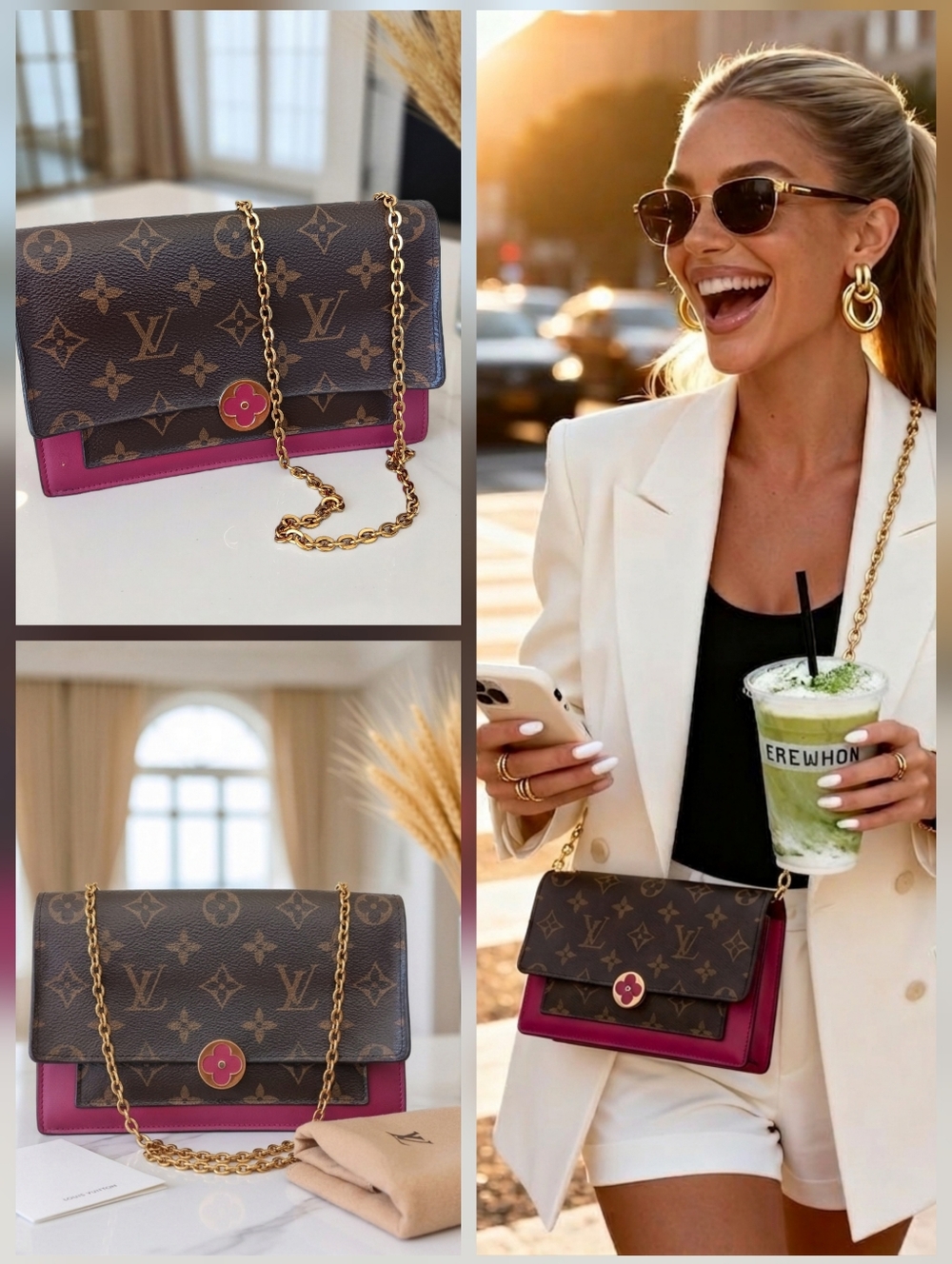 ✅ Louis Vuitton Flore Chain WOC Monogram Fuchsia Crossbody Bag